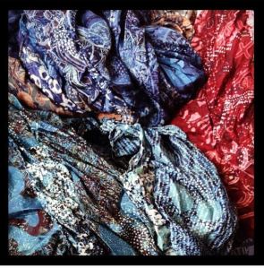 Indonesian Batik technique printed silk scarves, created by Agus Ismono. 