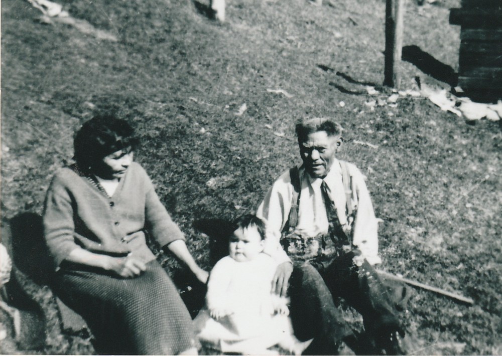 My maternal great great grandparents (nonnie and tsinni): Martha Marks and Thomas Simeon of Kuista, with great grand daughter Joanne Simeon, Masset, BC.